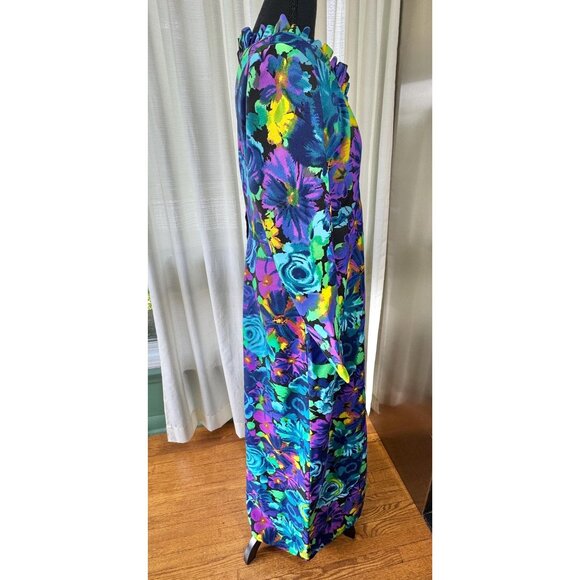 Vintage 70s dress, blue, teal, purple, yellow floral print, funky maxi, ruffled - Picture 8 of 10